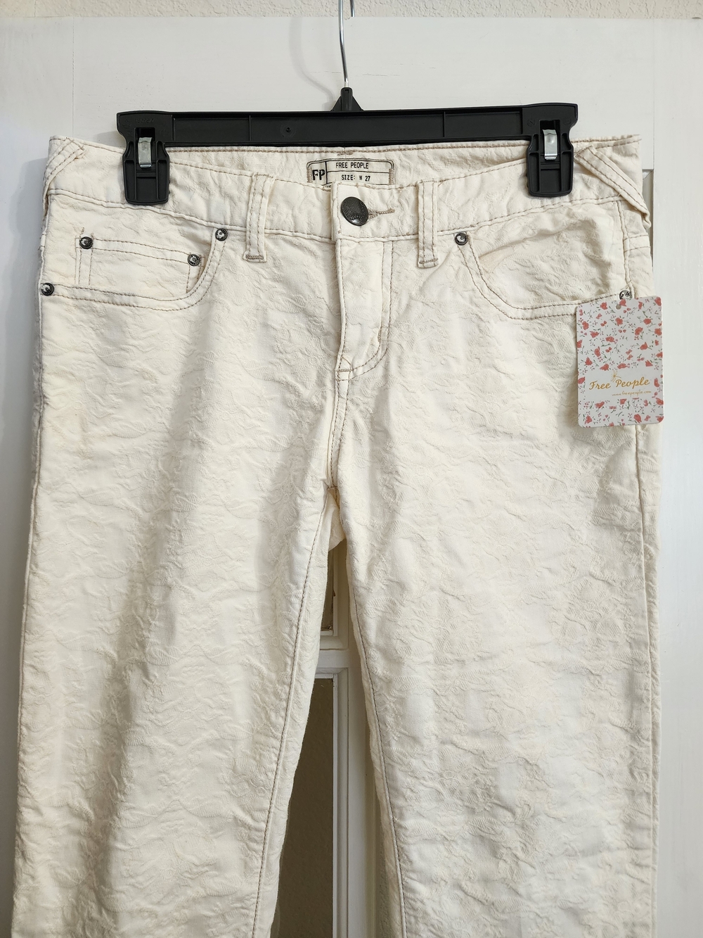 NWT Free People Cream Floral Jacquard Skinny Jeans Size 27 Boho - Picture 5 of 16